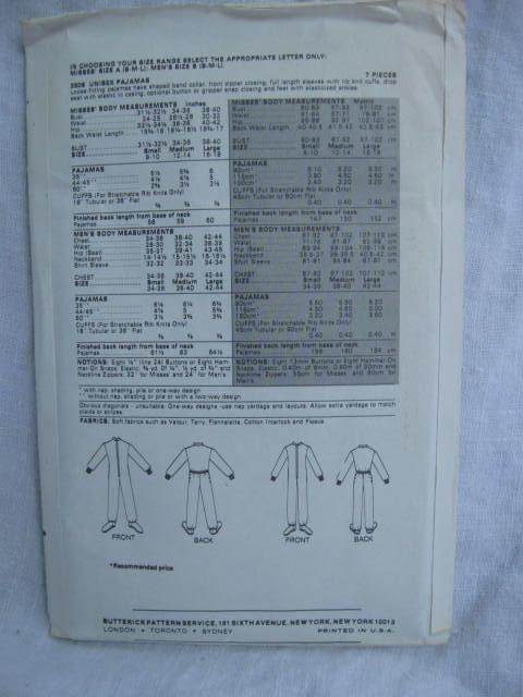 New Vintage Butterick 3506 Unisex Footed Pajamas Sewing Pattern Size A S - M - L All Sizes Misses' & Men's