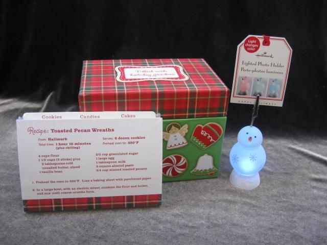 Hallmark 2007 Lighted Snowman Photo Or Recipe Card Holder + Holiday Christmas Recipe Box With Recipes