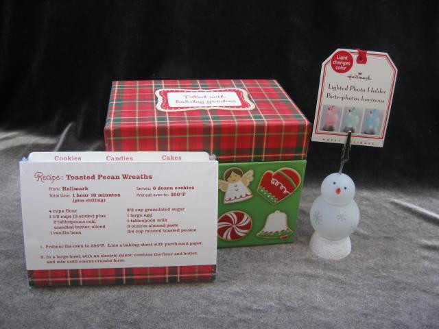 Hallmark 2007 Lighted Snowman Photo Or Recipe Card Holder + Holiday Christmas Recipe Box With Recipes
