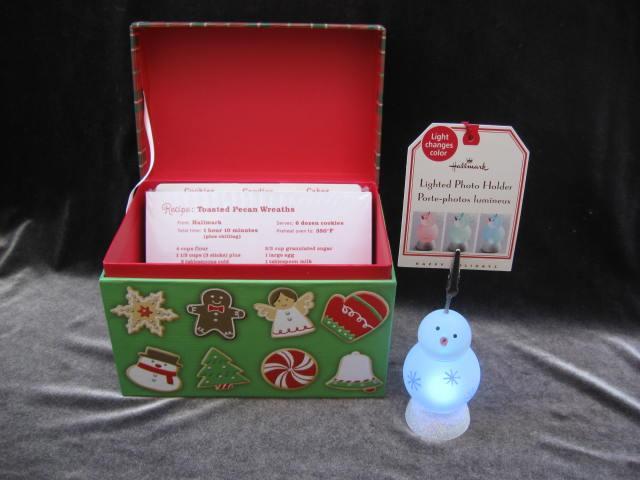 Hallmark 2007 Lighted Snowman Photo Or Recipe Card Holder + Holiday Christmas Recipe Box With Recipes