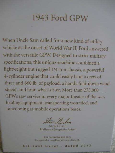Hallmark 2012 1943 Ford GPW Debut Reveal WWII Jeep Christmas Tree Ornament