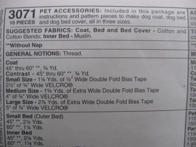 McCall's Crafts 3071 dog Bed, Dog Cover & Dog Coat Sewing Pattern