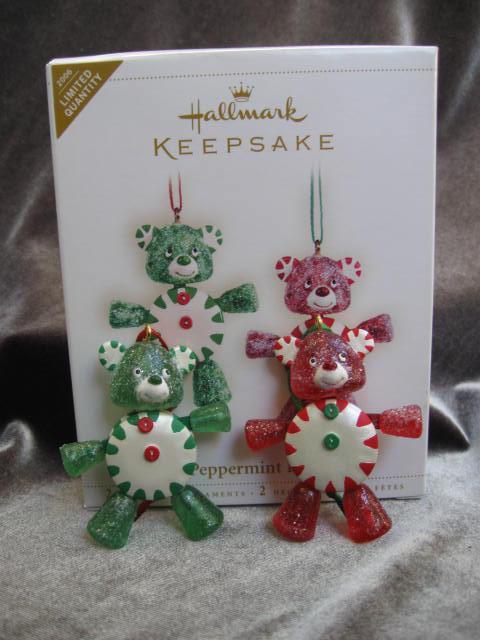 Hallmark 2006 PEPPERMINT PALS Set of 2 Peppermint Candy Teddy Bears Christmas Tree Ornaments