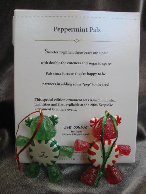 Hallmark 2006 PEPPERMINT PALS Set of 2 Peppermint Candy Teddy Bears Christmas Tree Ornaments