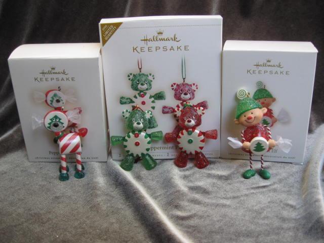 Hallmark 2006 2007 2008 Peppermint Pals Pup & Sweet Treat Elf Lot of 3 Christmas Tree Ornaments