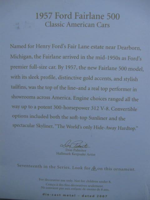 Hallmark 2007 1957 Ford Fairlane 500 #17 In Classic American Cars Series Christmas Tree Ornament