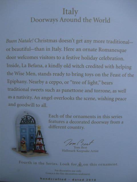 Hallmark 2010 Italy 4th In Doorways Around The World Series Christmas Tree Ornament