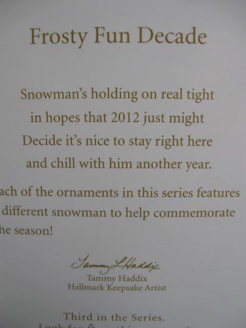 Hallmark 2012 Frosty Fun Decade #3 In Series Christmas Tree Ornament