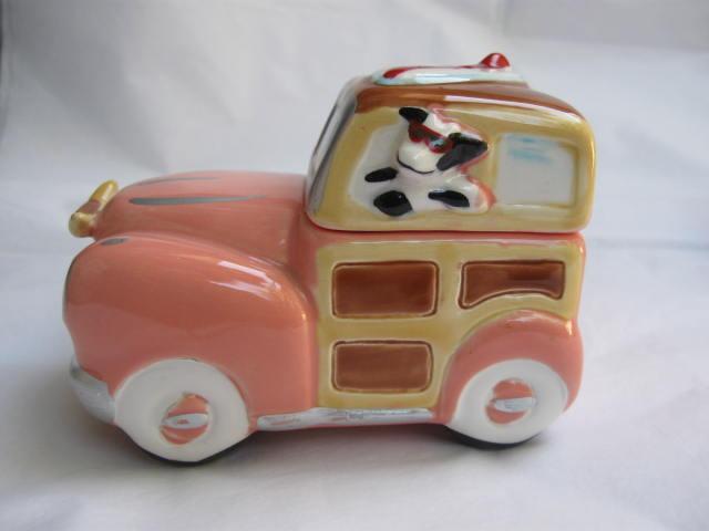 Vintage Cow Surfer In Woody With Surf Board Vandor 1988 Salt & Pepper Shakers S/P Cowabunga Dude!