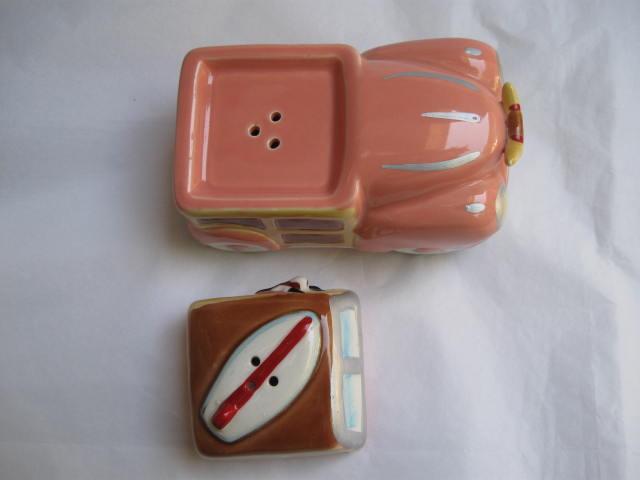Vintage Cow Surfer In Woody With Surf Board Vandor 1988 Salt & Pepper Shakers S/P Cowabunga Dude!