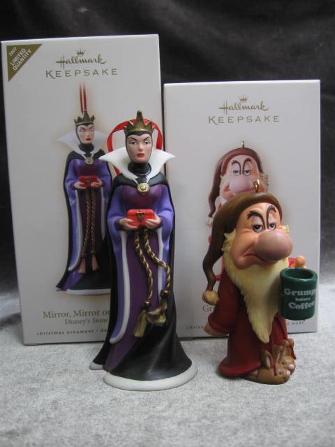 Hallmark 2007 Mirror Mirror On The Wall & Grumpy Before Coffee Disney's Snow White Lot Of 2 Christmas Tree Ornaments