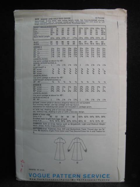 New Vintage Vogue 8209 Misses' & Half Size Semi Fitted Dress Sewing Pattern Size 16 1/2