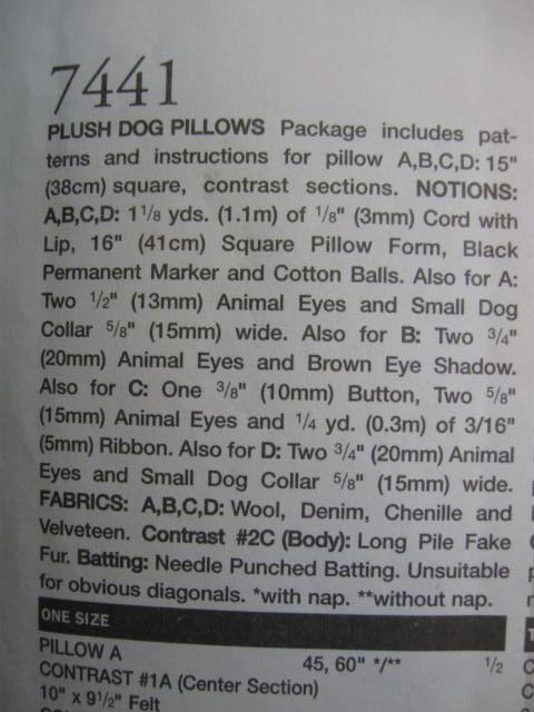 New Vogue 7441 Plush Dog Pillow Sewing Pattern OOP