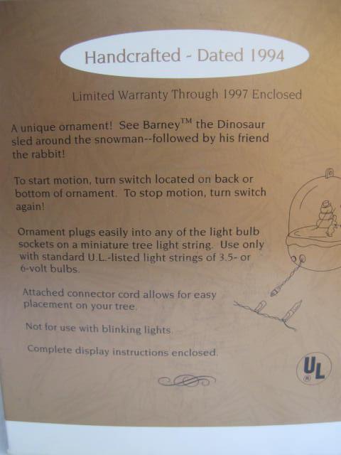 Hallmark 1994 Barney The Purple Dinosaur Magic Light & Motion Christmas Tree Ornament