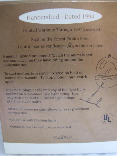 Hallmark 1994 Forest Frolics #6 In Series Magic Light & Motion Christmas Tree Ornament