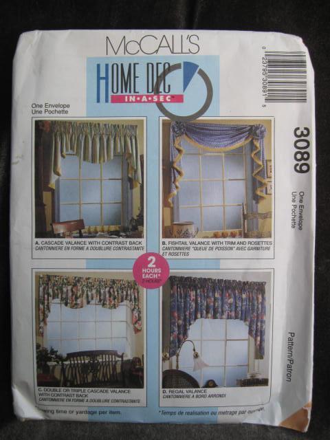 New McCall's 3089 Home Dec In A Sec Window Treatments Sewing Pattern