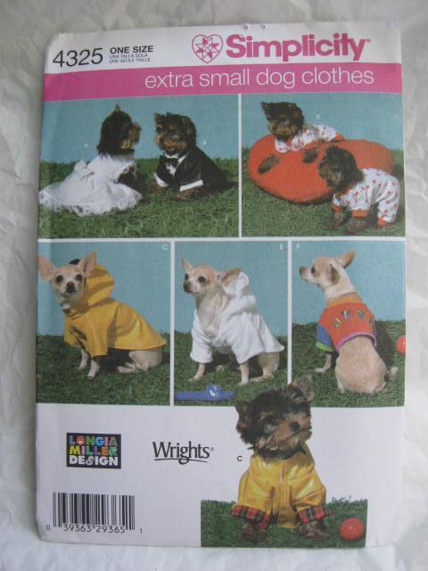 Simplicity 4325 Dog Clothes Wedding Dress Tuxedo Raincoat + More For Extra Small Dogs Sewing Pattern OOP