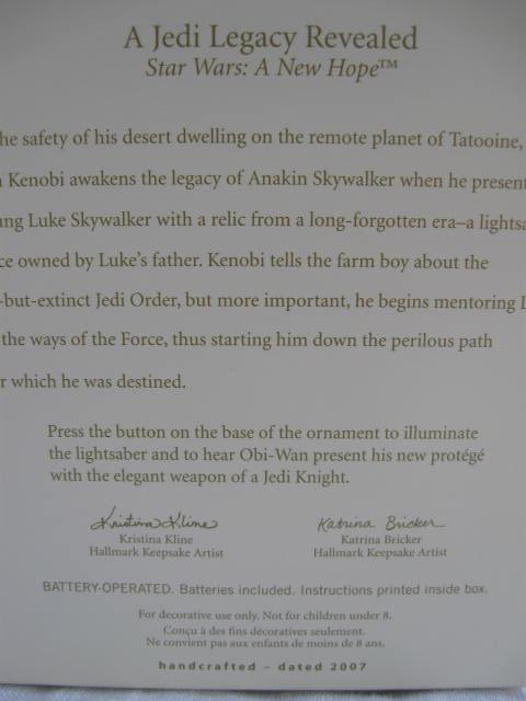 Hallmark 2007 A Jedi Legacy Revealed Star Wars A New Hope Magic Light & Sound Christmas Tree Ornament