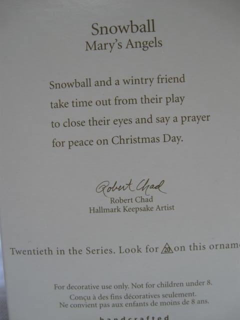 Hallmark 2007 Mary's Angels Snowball 20th In Series Christmas Tree Ornament
