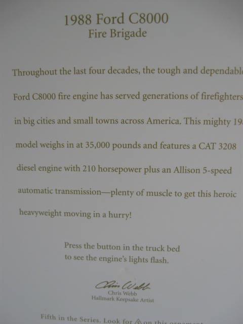 Hallmark 2007 1988 Ford C8000 5th In Fire Brigade Series Fire Engine Christmas Tree Ornament