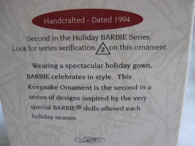 Hallmark 1994 Holiday Barbie #2 2nd In Series Christmas Tree Ornaments