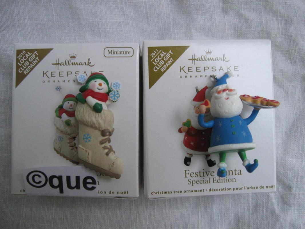 Hallmark 2010 So Cute In A Boot & 2011 Festive Santa Local Club Repaint Miniature Christmas Ornaments Lot of 2