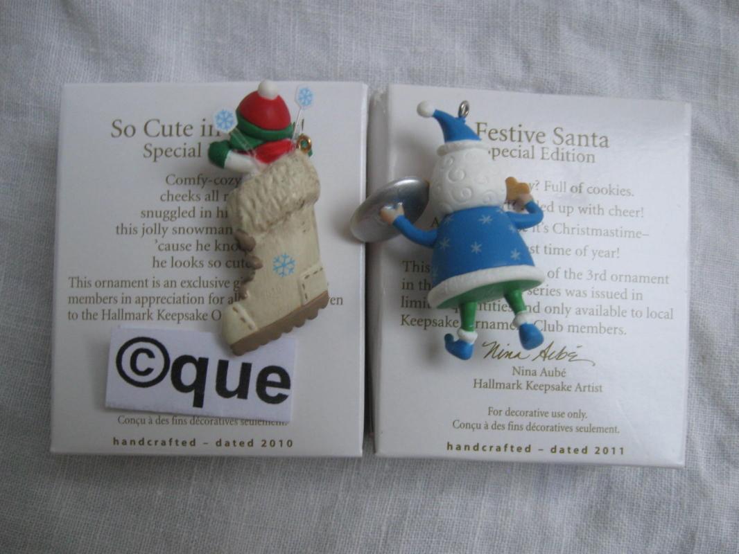 Hallmark 2010 So Cute In A Boot & 2011 Festive Santa Local Club Repaint Miniature Christmas Ornaments Lot of 2