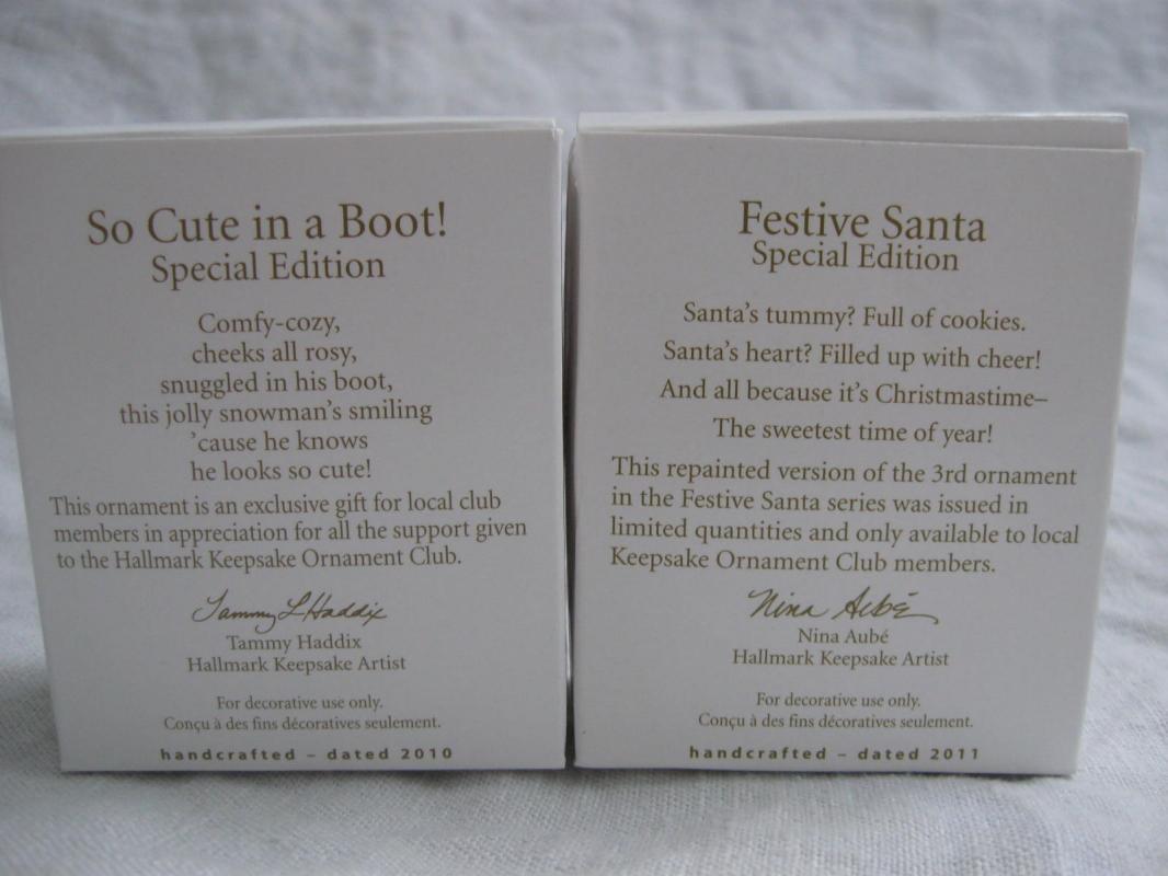 Hallmark 2010 So Cute In A Boot & 2011 Festive Santa Local Club Repaint Miniature Christmas Ornaments Lot of 2