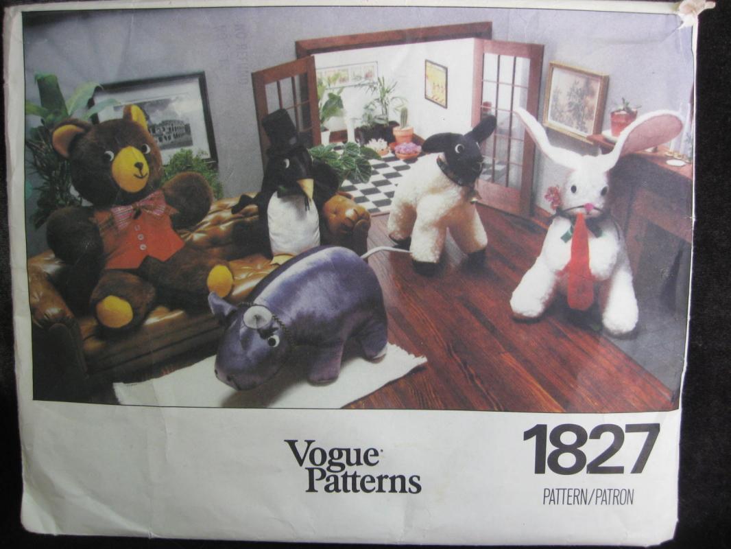 New Vintage Vogue 1827 Bear Lamb Penguin Bunny Hippo 5 Stuffed Animals Sewing Pattern OOP