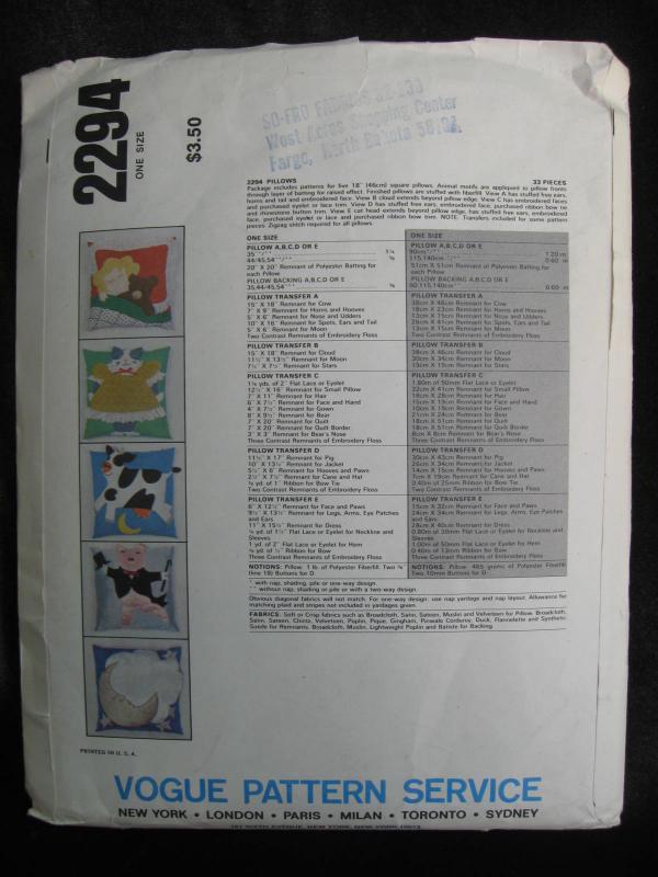 New Vintage Vogue 2294 Moon Pig Cow Kitty Teddy Bear Pillows Sewing Pattern OOP