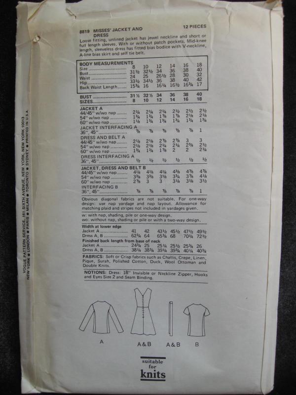 New Vintage Vogue 8819 Misses' Jacket & Dress Size 14 1970's