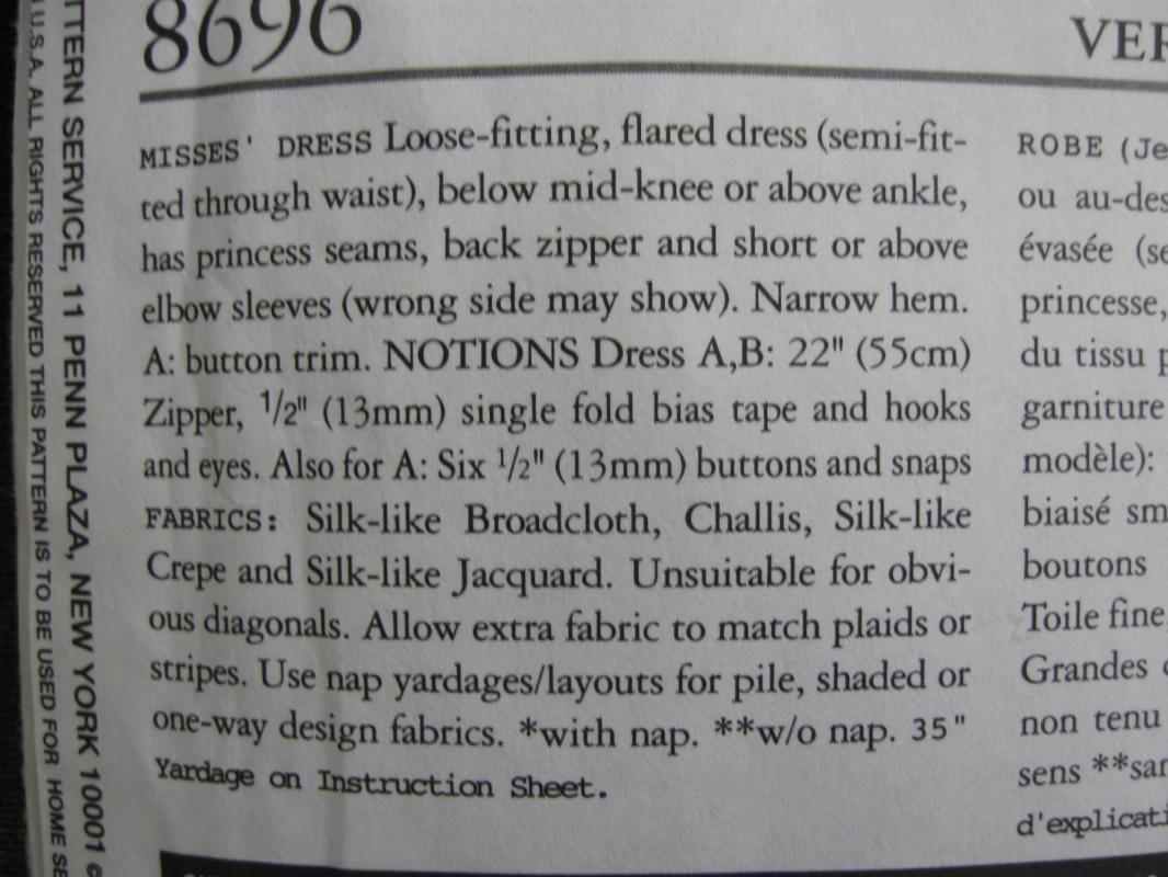 New Very Easy Very Vogue 8696 Loose Fitting Dress Misses' Sewing Pattern Size 18 20 22 Dated 2001
