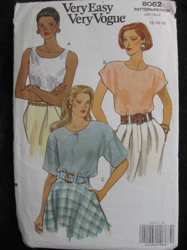 New Very Easy Very Vogue 8062 Loose Fitting Pullover Blouse Misses' Size 12 14 16 Sewing Pattern 1990