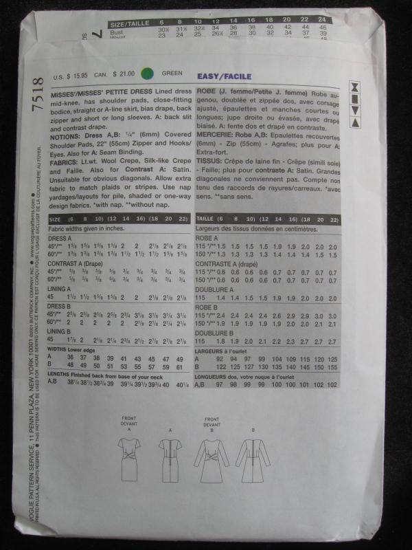 New The Vogue Woman 7518 Lined Dress Misses' Size 18 20 22 Sewing Pattern 2001
