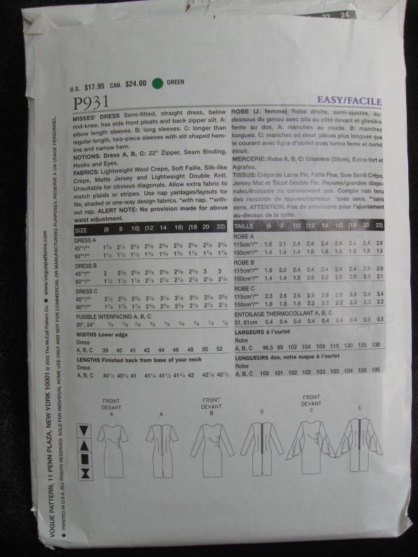 New Vogue Misses' P931 Semi Fitted Straight Dress Misses' Size p18 20 22 Sewing Pattern 2003