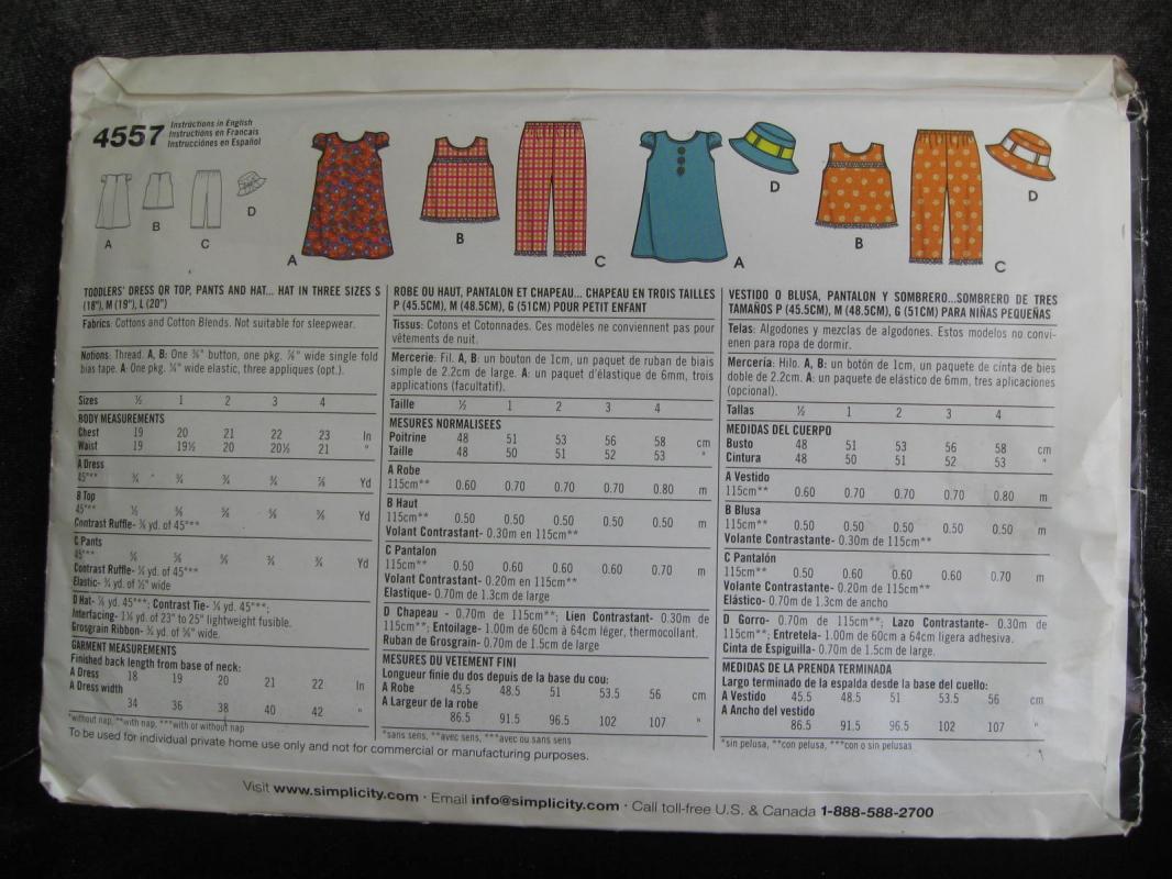 New Simplicity 4557 Toddlers' Dress or Top Pants & Hat Sewing Pattern Size A 1/2 - 4 Dated 2005