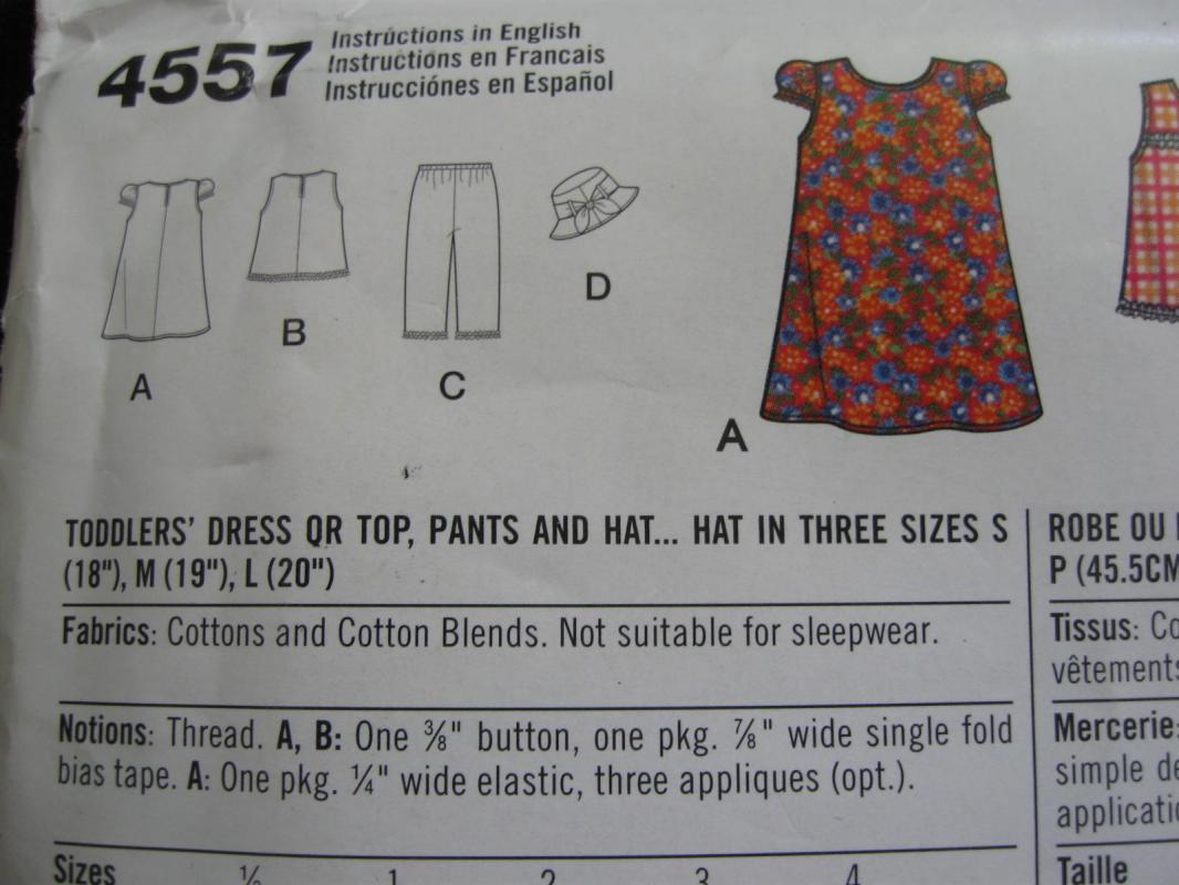 New Simplicity 4557 Toddlers' Dress or Top Pants & Hat Sewing Pattern Size A 1/2 - 4 Dated 2005