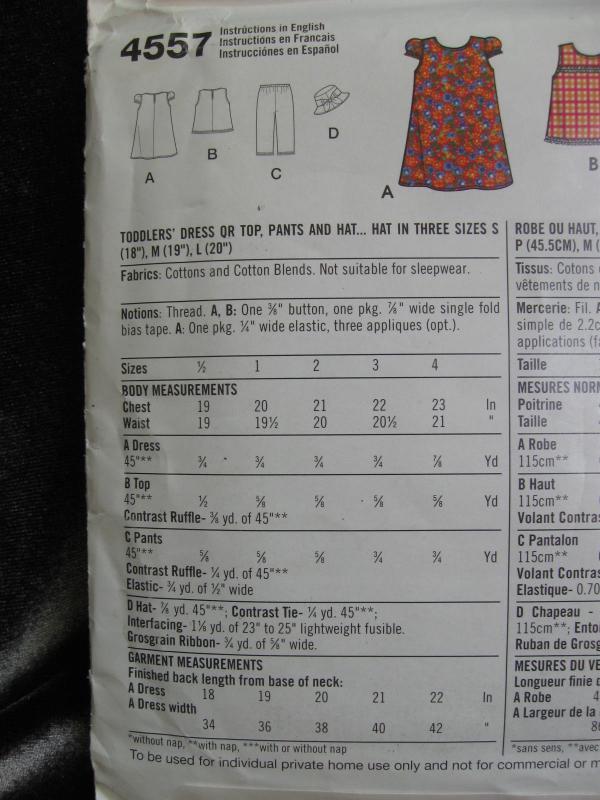 New Simplicity 4557 Toddlers' Dress or Top Pants & Hat Sewing Pattern Size A 1/2 - 4 Dated 2005