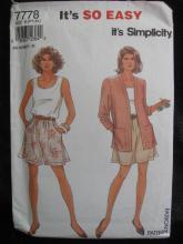 New Vintage Simplicity 7778 Misses' Summer Shorts (Skort) Top & Unlined Jacket Sewing Pattern Size Pt S M L XL Dated 1992