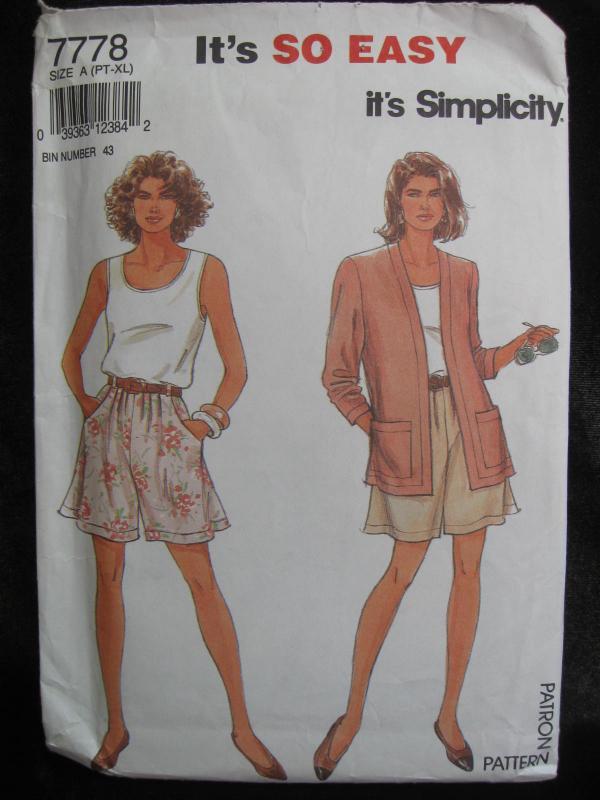 New Vintage Simplicity 7778 Misses' Summer Shorts (Skort) Top & Unlined Jacket Sewing Pattern Size Pt S M L XL Dated 1992