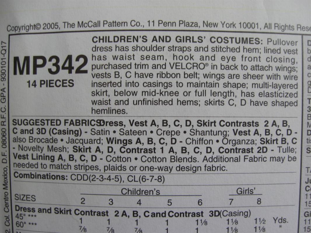 New McCall's MP342 Children's Fairy Halloween Costumes Sewing Pattern Size 2, 3, 4, 5 MP 342
