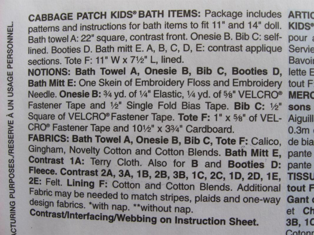 Butterick 331 & B5304 Cabbage Patch Kids Wardrobe & Bath Accessories Sewing Patterns Lot Of 2