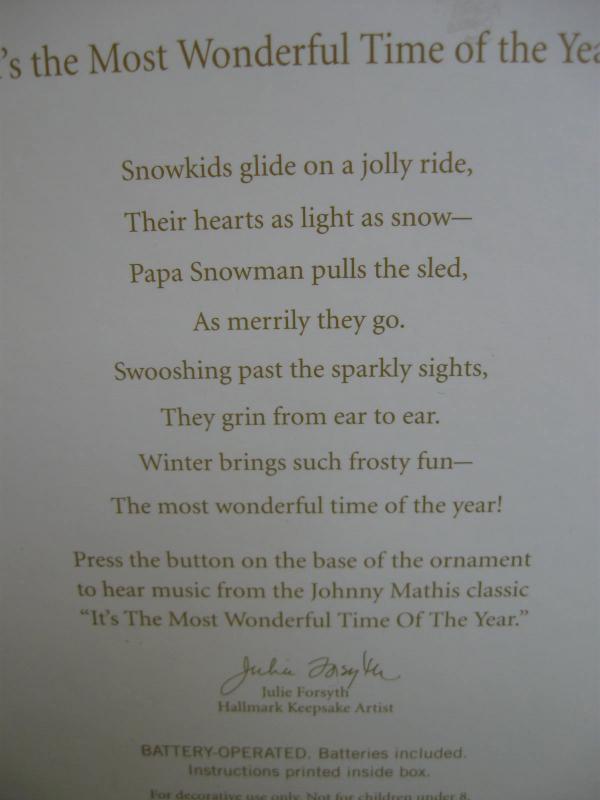 Hallmark 2008 It's The Most Wonderful Time Of The Year Snowman Magic Music Christmas Tree Ornament