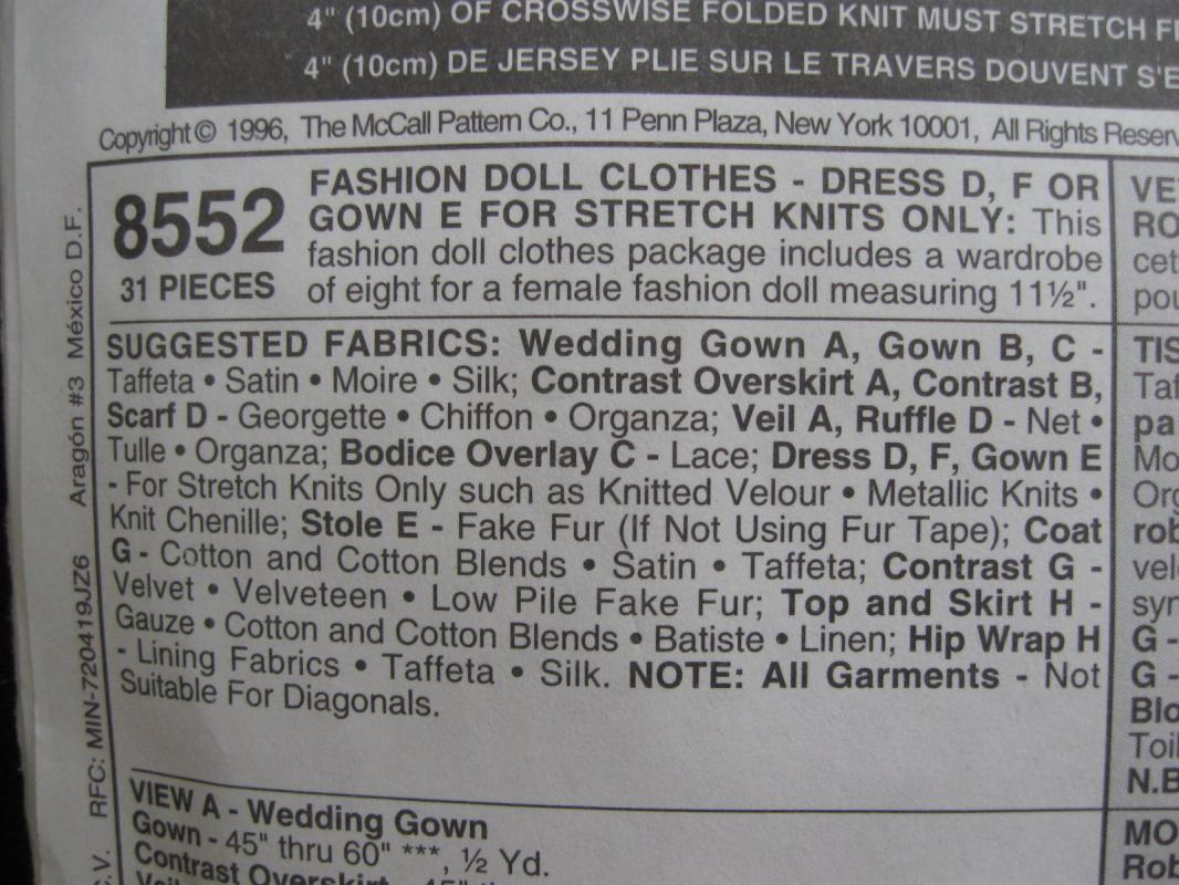 New Simplicity 8552 Barbie Doll Outfits Sewing Pattern
