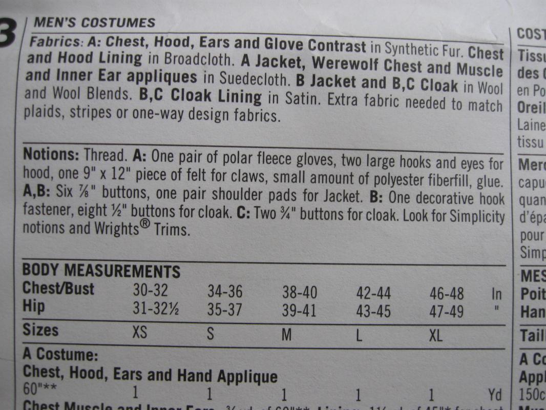 New Simplicity 2513 Wolfman Jykll Hyde Halloween Costume Sewing Pattern Men's XS, S M