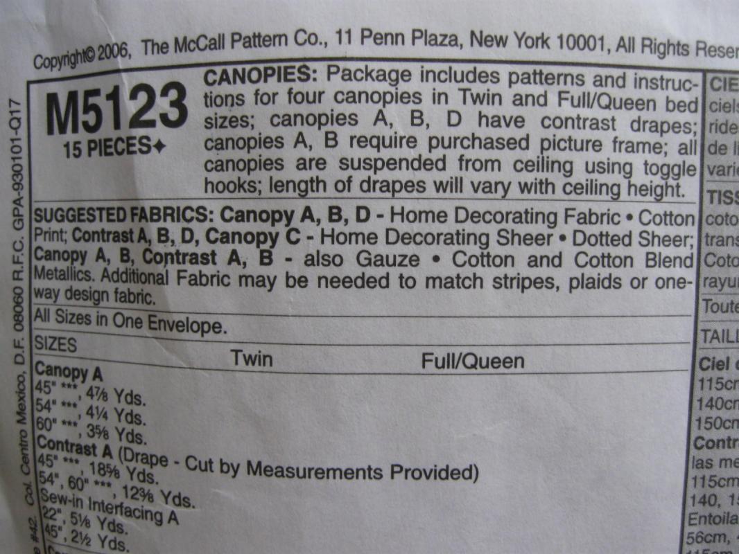 New McCall's Home Decorating M5123 M 5123 Bed Canopies Sewing Pattern