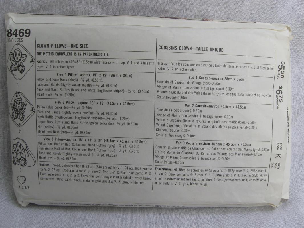 Simplicity 8469 Clown or Mine Pillows In 3 Styles Sewing Pattern