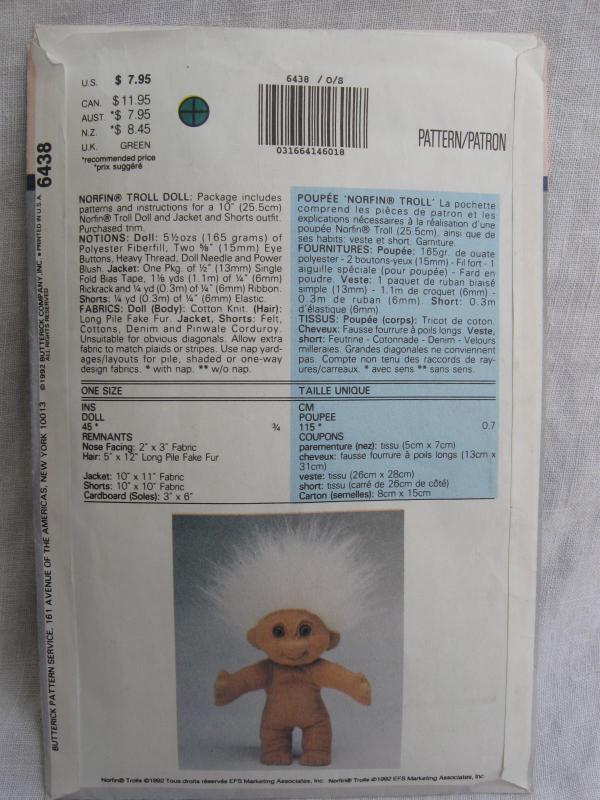 Vintage Butterick 6438 Adopt A Norfin Troll Sewing Pattern