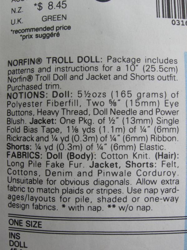 Vintage Butterick 6438 Adopt A Norfin Troll Sewing Pattern