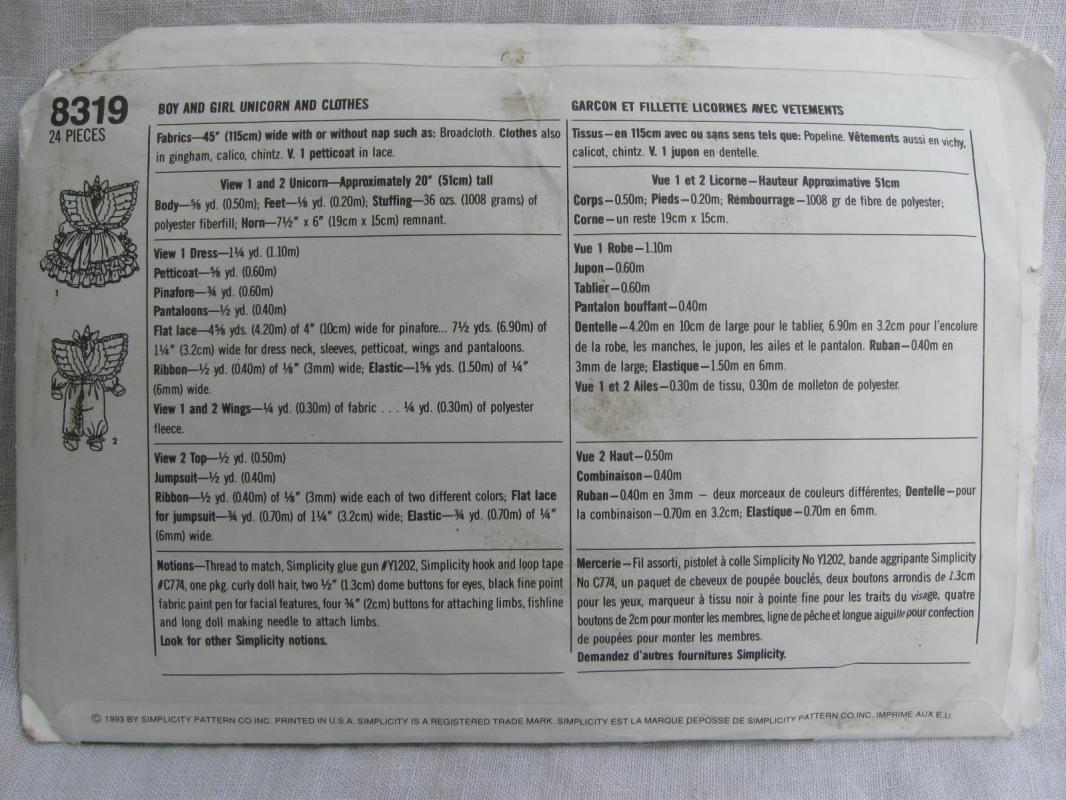 Vintage Simplicity 8319 Boy & Girl Unicorn & Clothes Sewing Pattern
